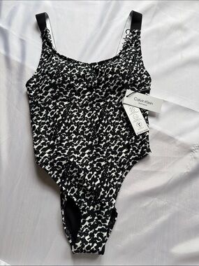 NWT Calvin Klein Leopard Logo Strap High Cut One Piece Swimsuit Small